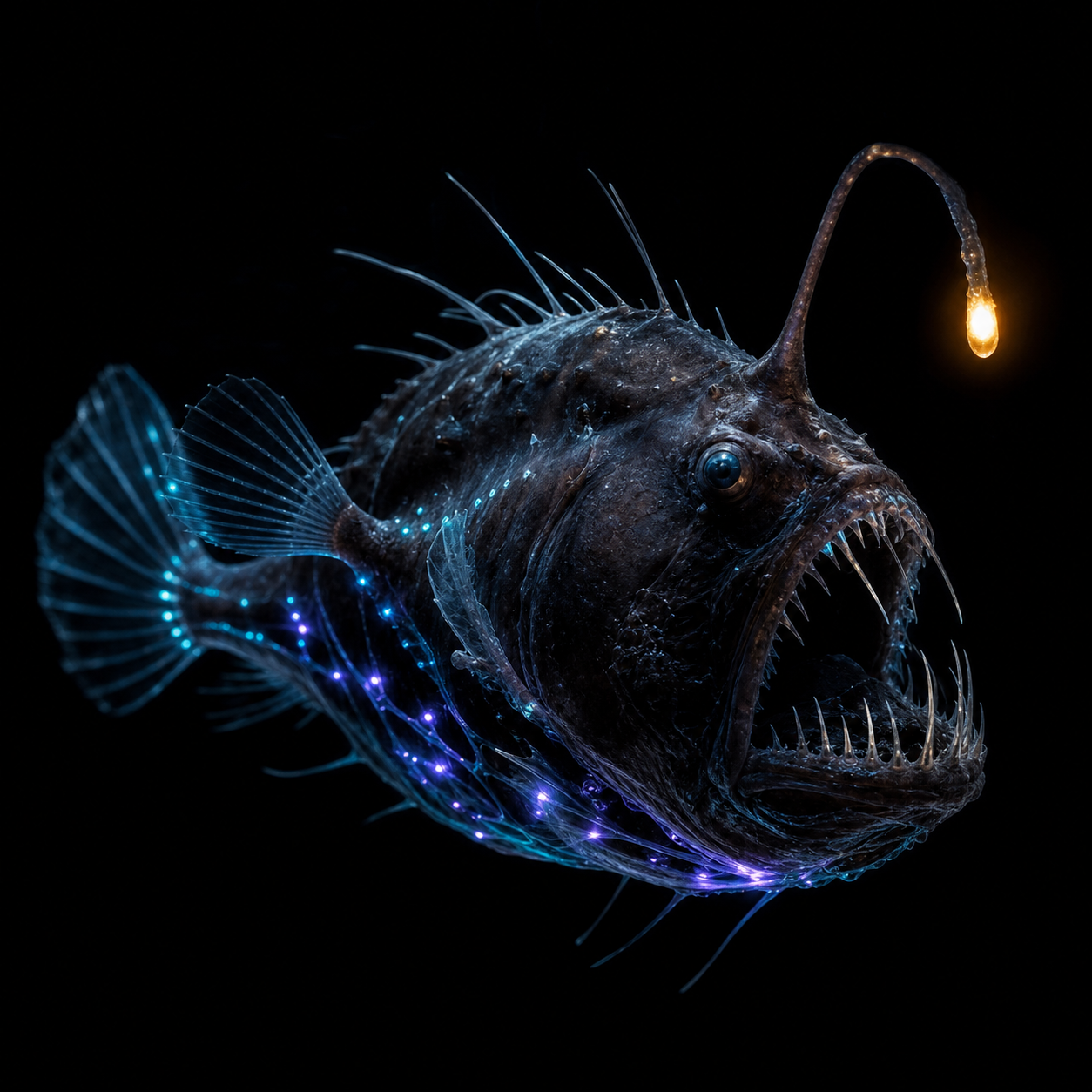 Humpback anglerfish with a glowing amber lure in black water