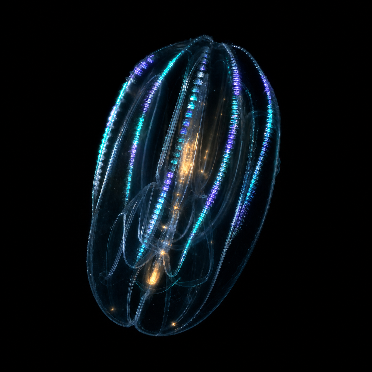 Translucent comb jelly with iridescent cyan and violet comb rows
