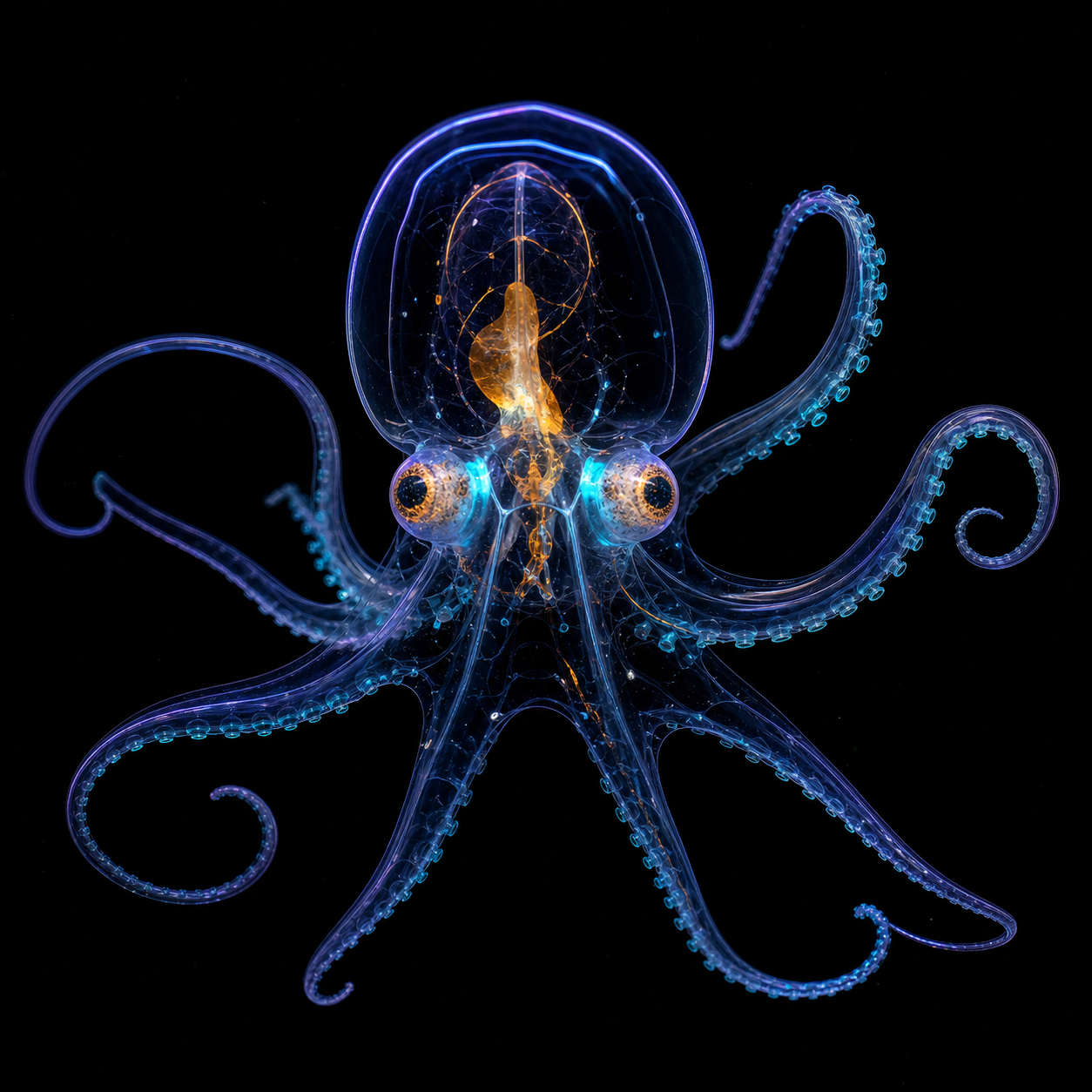Nearly transparent glass octopus with glowing eyes in black water