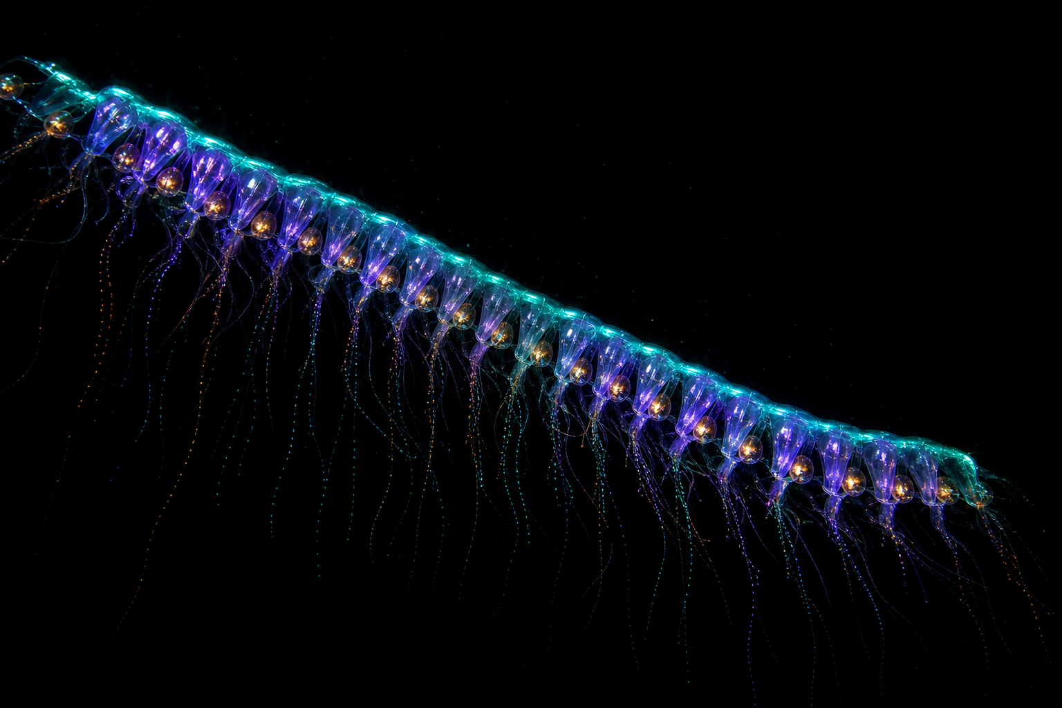 Long chain siphonophore glowing cyan and violet across black water