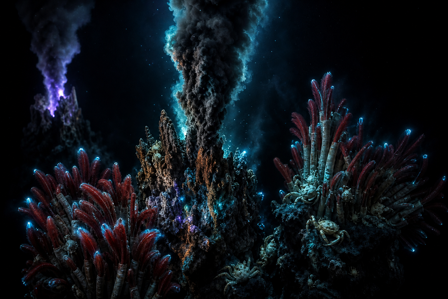 Hydrothermal vent field with black smokers and tube worms on the deep ocean floor